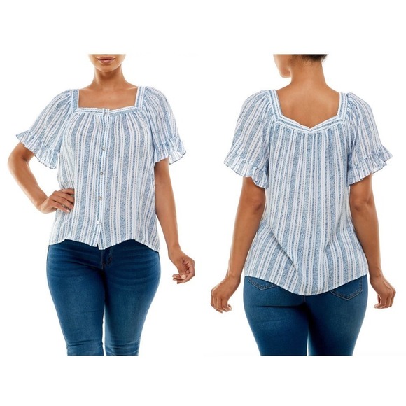 Adrienne Vittadini Striped Square Neck Flutter Sleeve Printed Top Small - Picture 3 of 5